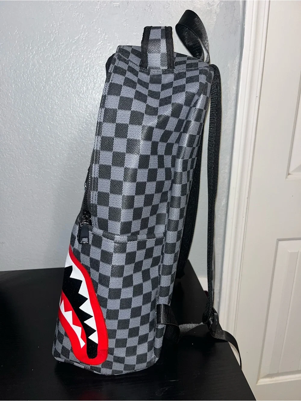 Gray Checkerboard Shark-Print Men's Backpack - Red & Black Accent